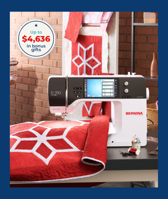 A BERNINA sewing machine shown in a home-like setting with a red quilt featuring a white geometric pattern on the table. A promotional badge in the top left reads 'Up to $4,636 in bonus gifts'.