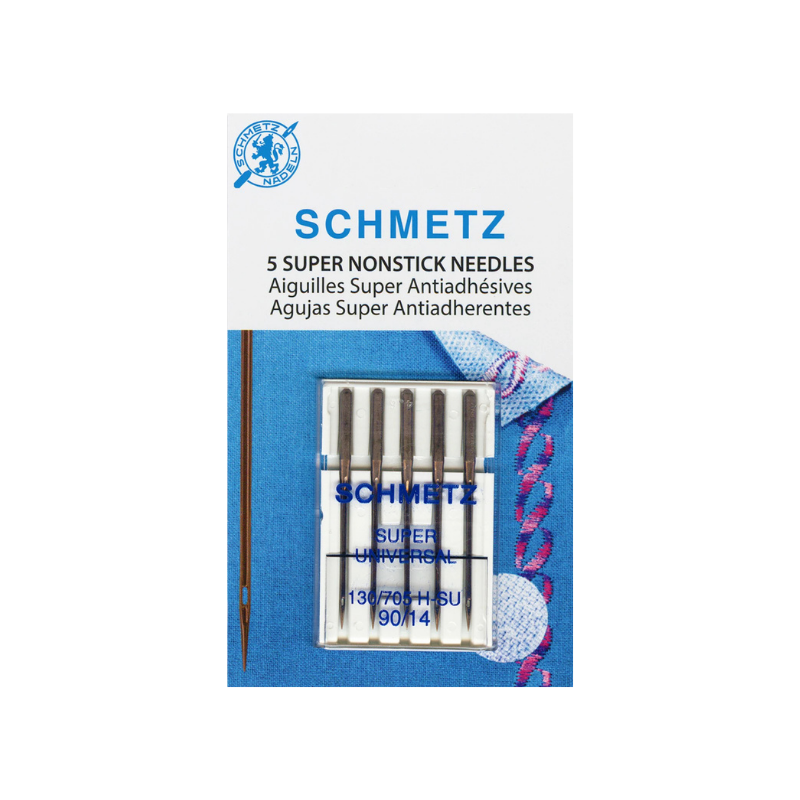 Schmetz needle package with five super nonstick needles on a white background