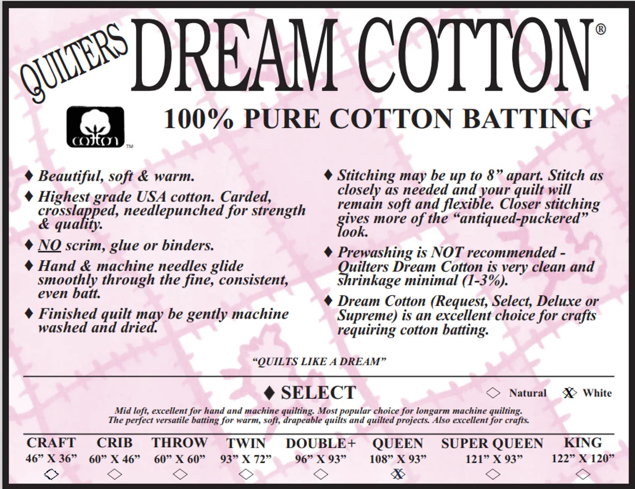 Batting - Quilters Dream Cotton Select Double 96&quot; x 93&quot;