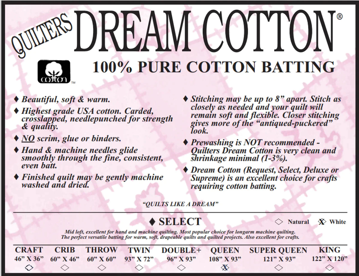 Batting - Quilters Dream Cotton Select Twin 93" x 72"
