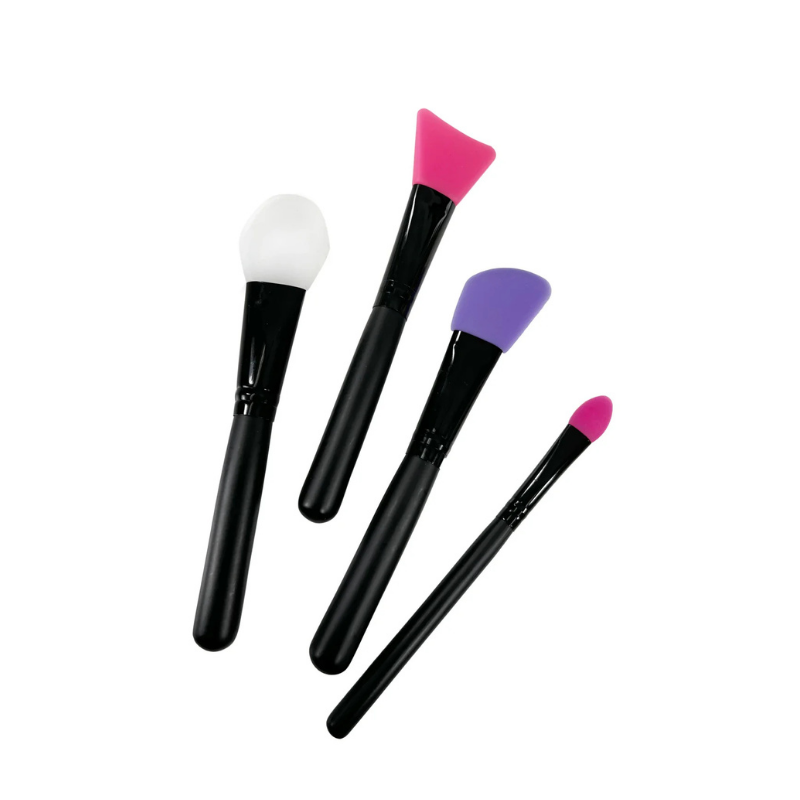 Four  silicone brushes with black handles and colorful bristle tips on a white background