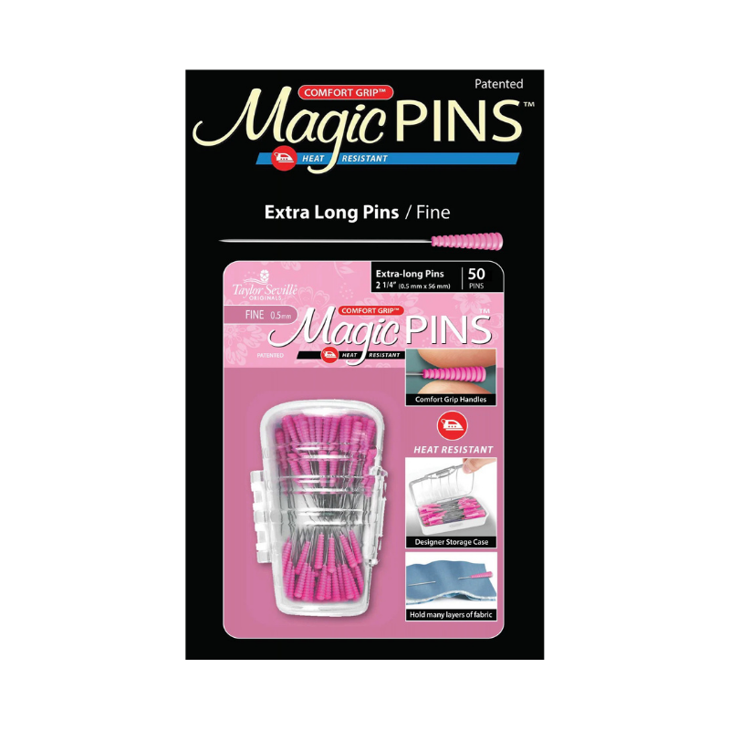 Packaging of Magic Pins with pink pins and black background