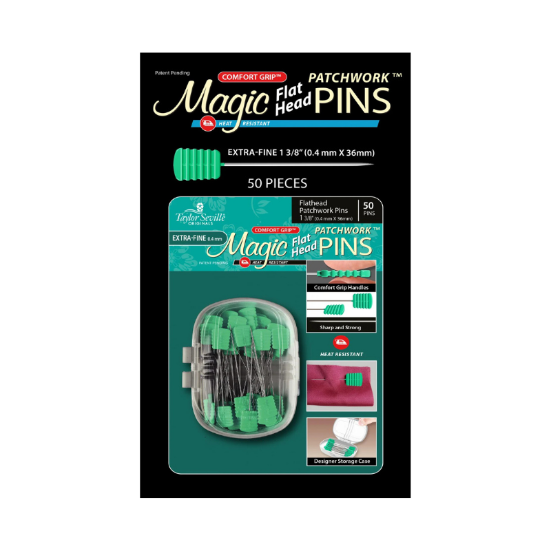 Packaging of Taylor Seville Magic Flat Head Pins with green pins on a white background