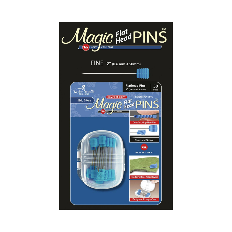 Package of Taylor Seville Magic Flat Head Pins with black and blue design.