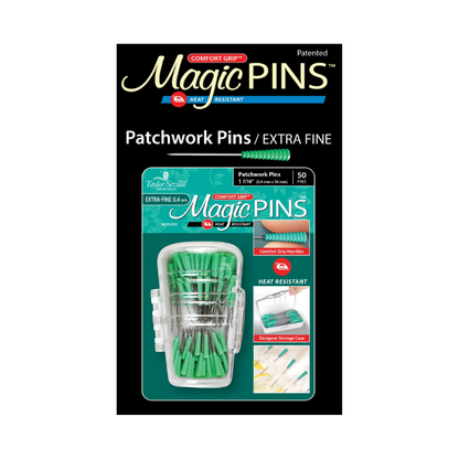 Packaging of Magic Pins patchwork pins with green pins on a white background