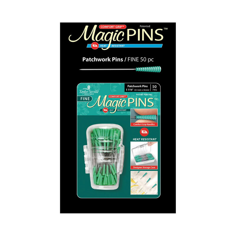 Packaging of Magic Pins patchwork pins with a clear container showing green pins.