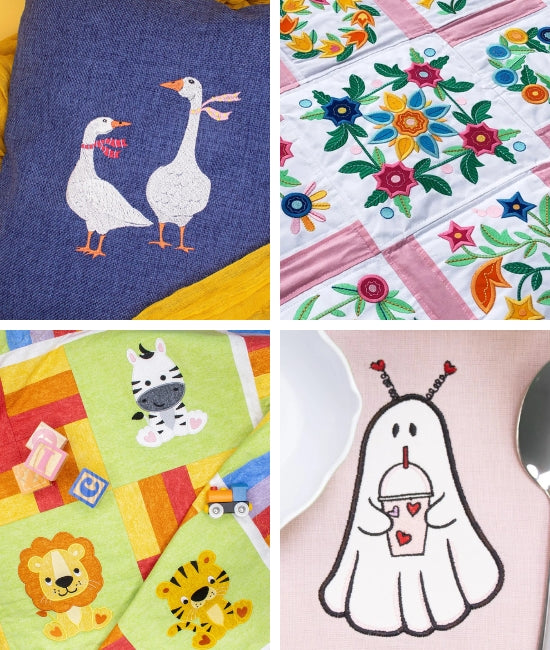 Collage of various embroidered items including geese, flowers, animals, and a ghost with a cup.