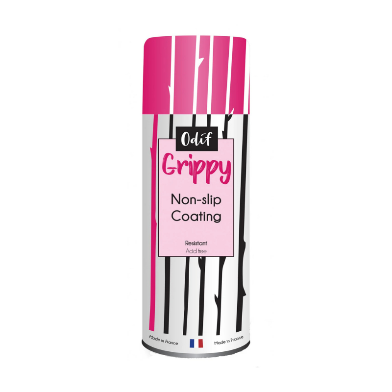 Odif Grippy non-slip coating canister with pink and black design on a white background