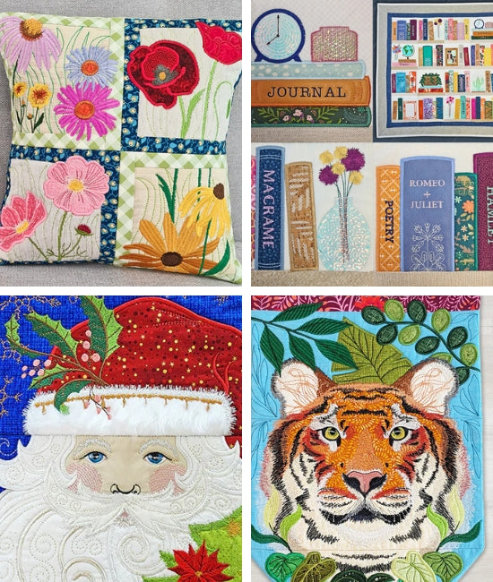 Collection of embroidered artworks including floral patterns, books, Santa Claus, and a tiger.