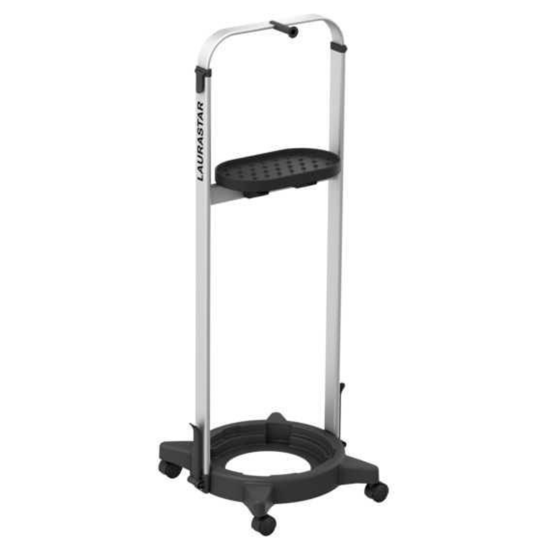 Portable stand with wheels and a basket on a white background
